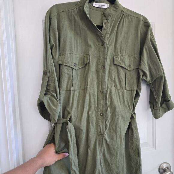 Embroidered Floral Army Green Cargo Romper Short Roll Sleeves Tie Waist Button - Picture 4 of 10